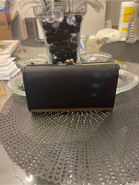 Black Leather Kiss-Lock Clutch with Gold Trim